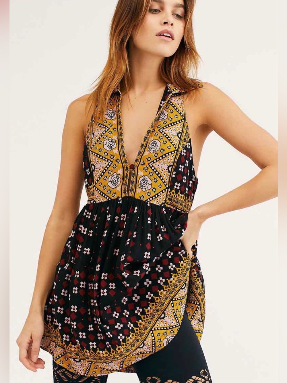 Free People Sleeveless V-Neck Mixed Print Tunic Top - Black & Mustard M Boho